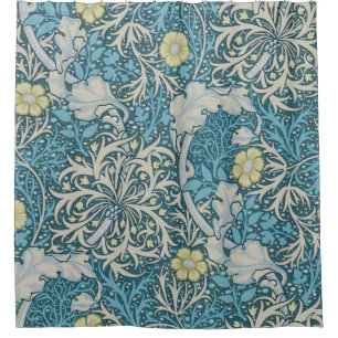 Cortina Para Box William Morris, padrão art nouveau, algas, azul,f