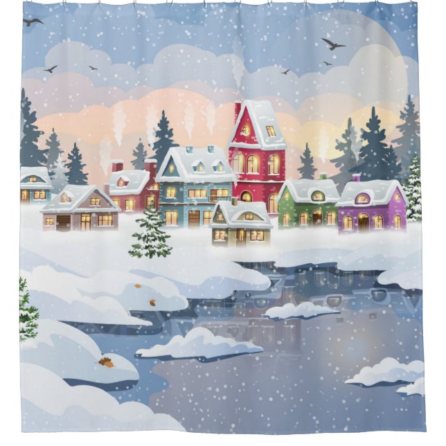 Cortina Para Box Winter Christmas landscape with snow-covered house (Frente)