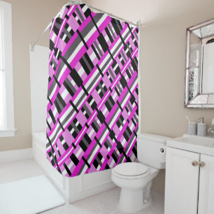 Cortina Para Box Xadrez em cor rosa, preto e Cinza Diagonal