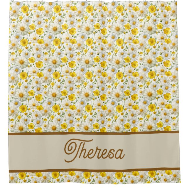Cortina Para Box Yellow Wildflowers Pattern Monogram Name (Frente)