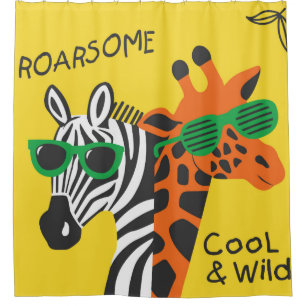 Cortina Para Box zebra legal e girafa vestindo óculos em amarelo b