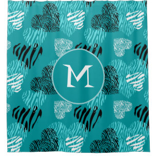 Cortina Para Box Zebra Print Hearts Teal White Monograma