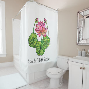 Cortina Para Chuveiro Aguarela Lotus cor-de-rosa com botões & folhas