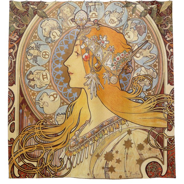 Cortina Para Chuveiro Alfonse Mucha Zodiac Art Nouveau Mulher (Frente)