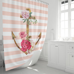 Cortina Para Chuveiro Âncora Floral Rosa Listras Náuticas