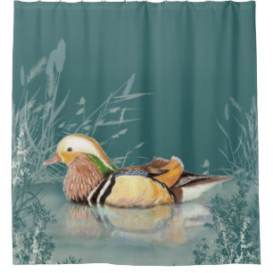 Cortina Para Chuveiro Aquarela Mandarina Pato-Chinês Arte de Pássaro