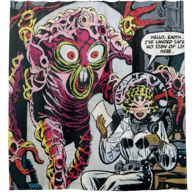 Cortina Para Chuveiro Aventuras Espaciais #12 50 Engraçadas Retro Sci Fi (Frente)