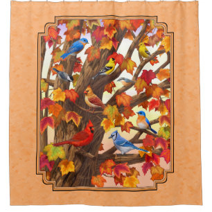 Cortina Para Chuveiro Aves no Outono Maple Tree Peach