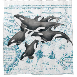 Cortina Para Chuveiro Azul antigo da família das baleias da orca