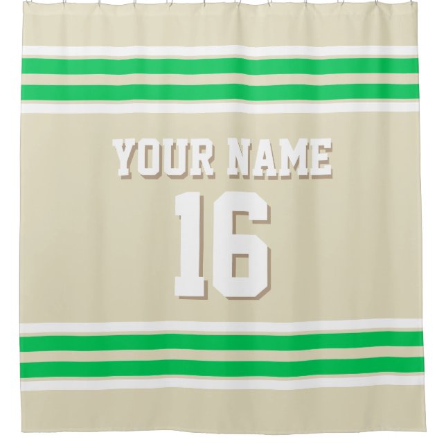 Cortina Para Chuveiro Beige Emerald Green White Stripes Sports Jersey (Frente)