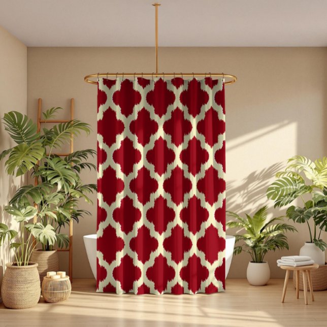 Cortina Para Chuveiro Beige Quatrefoil Ikat Pattern Burgundy Fundo (Criador carregado)