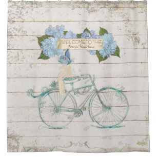 Cortina Para Chuveiro Bicicleta de madeira do Hydrangea de Shiplap da
