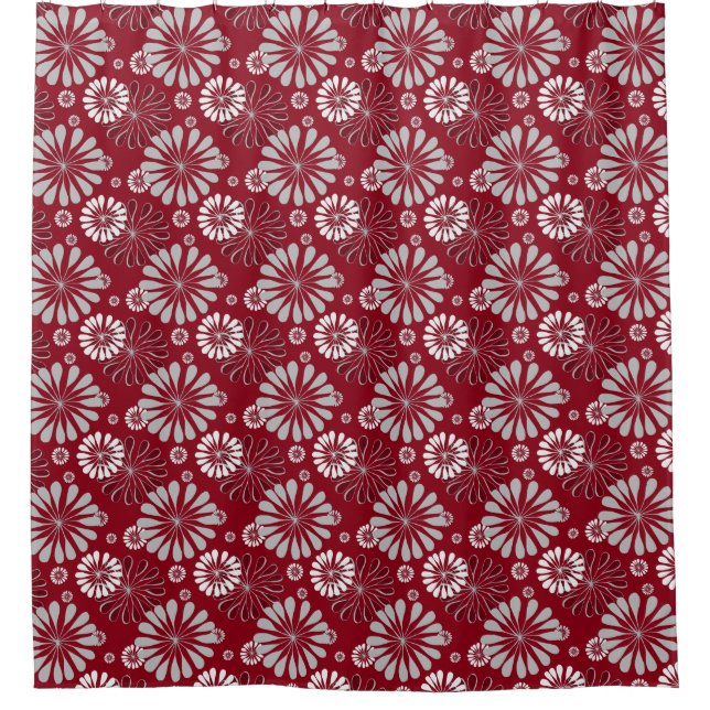 Cortina Para Chuveiro Borgonha e floral cinzento (Frente)