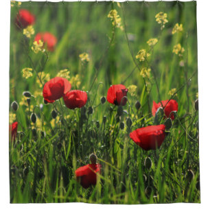Cortina Para Chuveiro Campo com grama verde, flores silvestres amarelas 