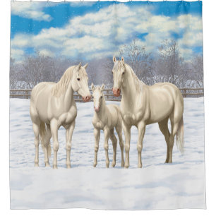 Cortina Para Chuveiro Cavalos Do Quarto Branco Na Pastagem De Inverno