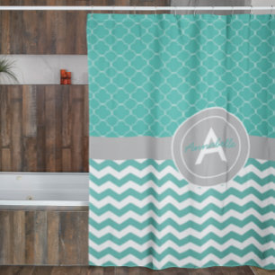 Cortina Para Chuveiro Cerceta Chevron cinzento Quatrefoil