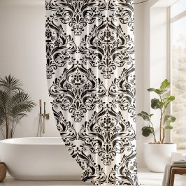 Cortina Para Chuveiro Cor damasco preto e branco clássico da Vintage