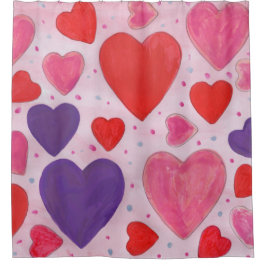 Cortina Para Chuveiro Corações do dia do namorados em rosa, roxo e verme