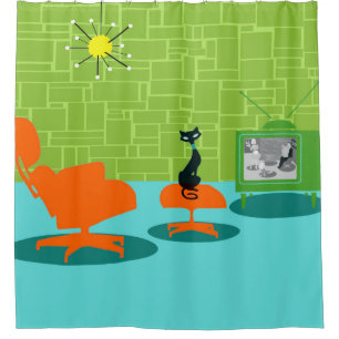 Cortina Para Chuveiro Cortina de Chá de Gatinho de Idade do Espaço Retro