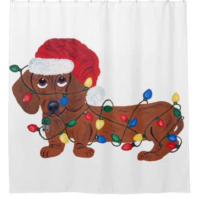 Cortina Para Chuveiro Dachshund (vermelho) Tangled em luzes de Natal (Frente)