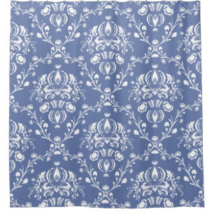 Cortina Para Chuveiro Damasco azul e branco da pervinca