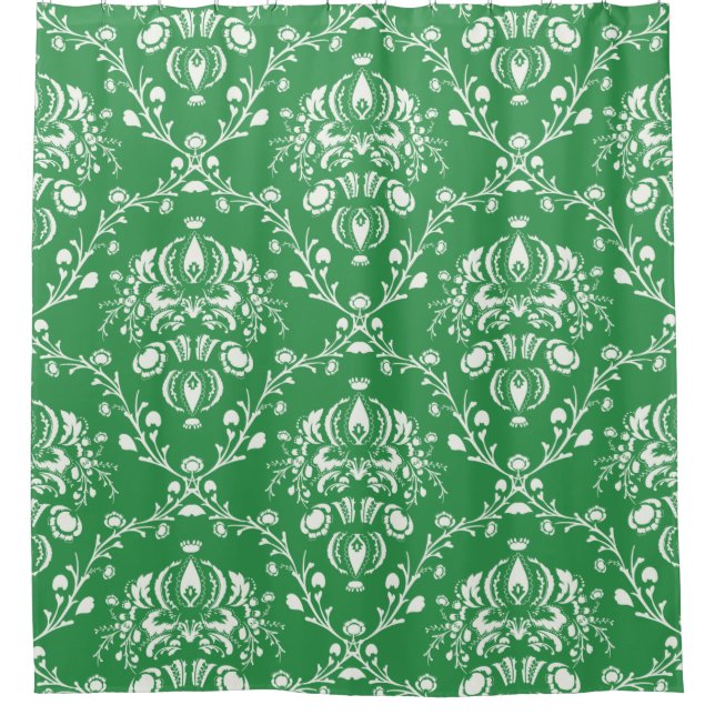 Cortina Para Chuveiro Damasco Verde e Branco (Frente)
