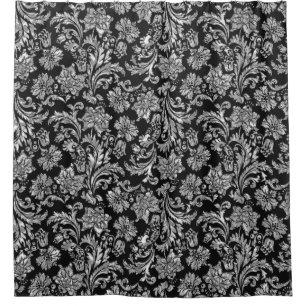 Cortina Para Chuveiro Damascos Florais Vintage de Prata Preta e Brilhant