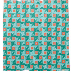 Cortina Para Chuveiro Deco Chave Grega, Turquesa, Aqua e Coral