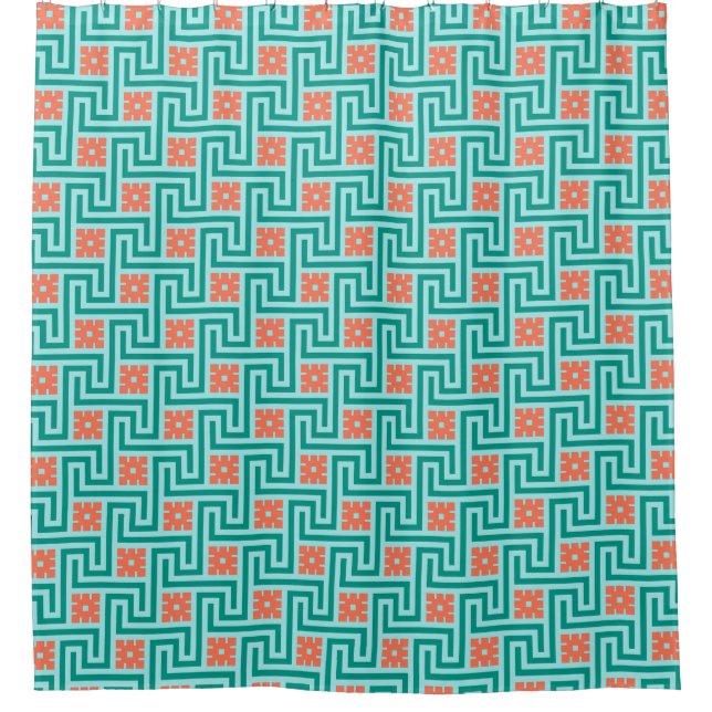 Cortina Para Chuveiro Deco Chave Grega, Turquesa, Aqua e Coral (Frente)