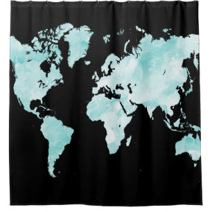 Cortina Para Chuveiro Design 72 mapa do mundo azul-aqua preto
