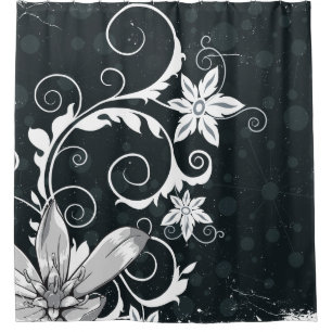 Cortina Para Chuveiro Design floral preto e branco elegante e moderno