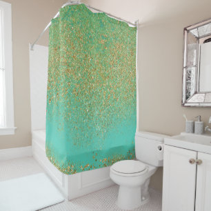Cortina Para Chuveiro Dourado em Cascata Brilho Azul Glam Tendência Garo