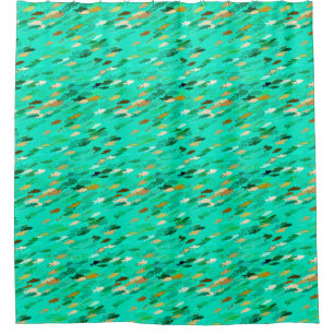 Cortina Para Chuveiro Escola de Peixes, Aqua, Verde e Dourada