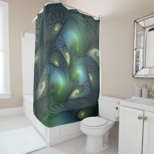 Cortina Para Chuveiro Espirais Beige Green Turquoise Abstrato Arte Fract