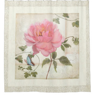 Cortina Para Chuveiro Estilo Vintage Peony Flower w Butterfly n Foliage