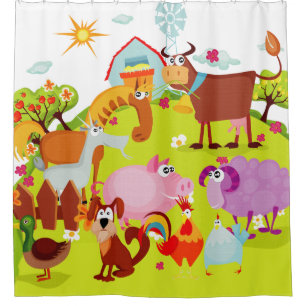 Cortina Para Chuveiro Fazenda Com Cavalo, Suíno, Ovinos, Galos, Caprinos