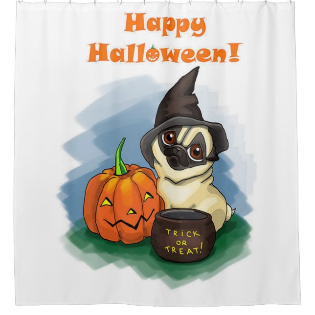 Cortina Para Chuveiro Feliz Halloween Pug (Frente)