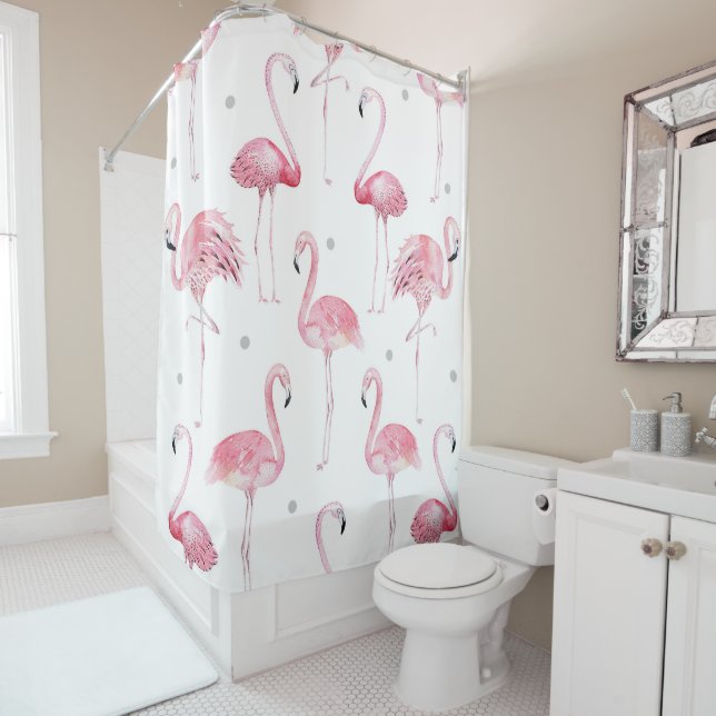 Cortina Para Chuveiro Flamingos Rosa Pontos Cinza Chic Tropical (In Situ)
