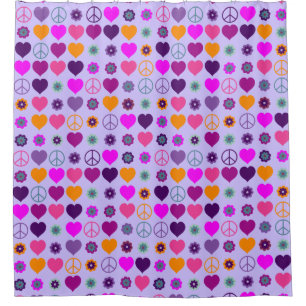 Cortina Para Chuveiro Flor Power Heart Peace Pattern + seu backgr.