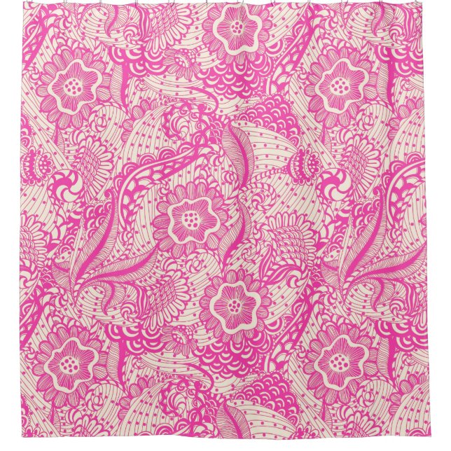 Cortina Para Chuveiro Flores E Folhas Rosa E Beige (Frente)