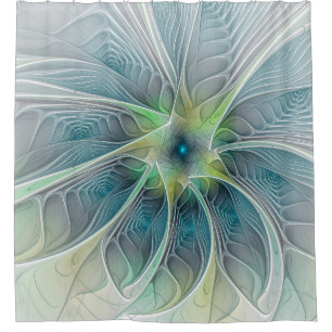Cortina Para Chuveiro Flores Fantasias Modernas Azul Flor Fractal Verde