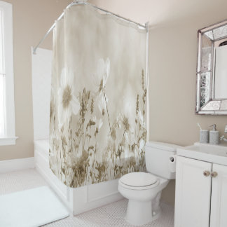 Cortina Para Chuveiro Flores Selvagens com Sombreado de Beige