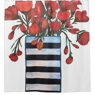 Cortina Para Chuveiro Flores vermelhas no vaso listrado preto e branco