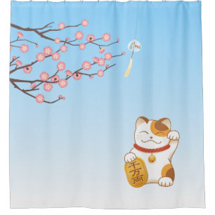 Cortina Para Chuveiro Gato Sortudo Japonês, Calico Maneki Neko