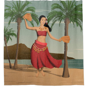 Cortina Para Chuveiro Hawaiian Vintage Hula Girl afligida