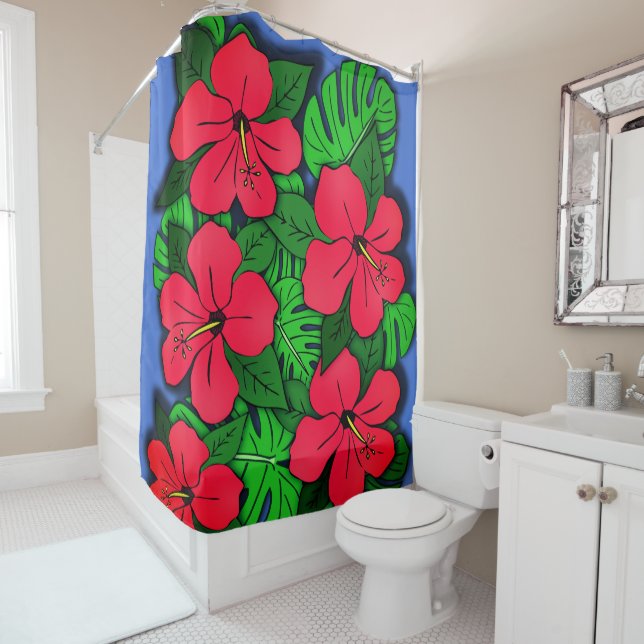 Cortina Para Chuveiro Hibisco Vermelho & Monstera (In Situ)