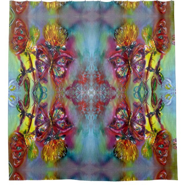 CORTINA PARA CHUVEIRO MANTEIRAS VERMELHAS COM ESTAXAS AMARELAS,PÃO AZUL (Frente)