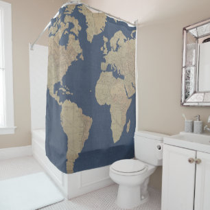 Cortina Para Chuveiro Mapa Mundial Dourado e Azul