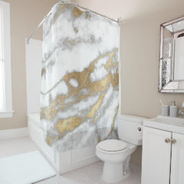 Cortina Para Chuveiro Marble Stone Abstrato White Cinza Silver Dourada C