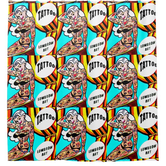 Cortina Para Chuveiro modelo de biquíni tatuado (Frente)